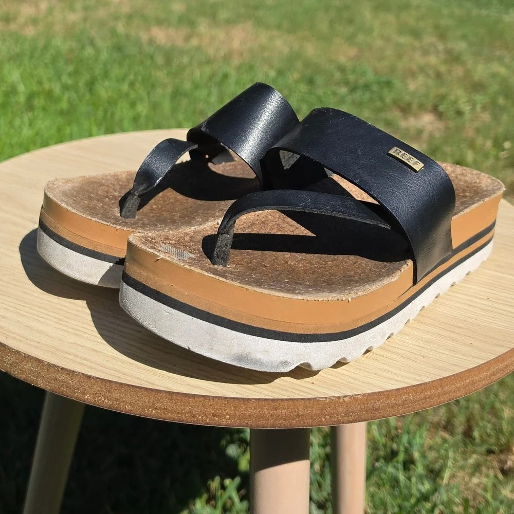 Reef Cushion Vista Hi Black Platform Sandals Cork Footbed Thong Slides Size 8
